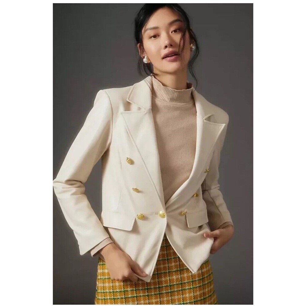 Anthropologie Equestrian Cream Blazer Double Breasted Gold Button Quiet Luxury